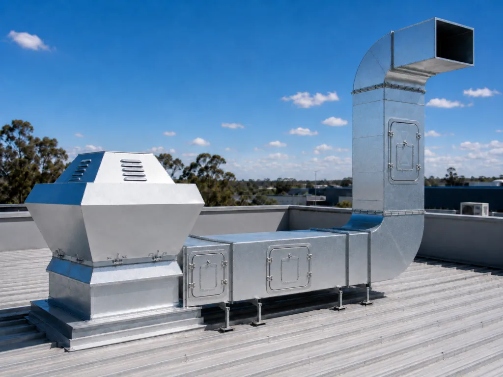 Galvanised rooftop kitchen exhaust fan and ductwork with hinged access panels on a commercial building