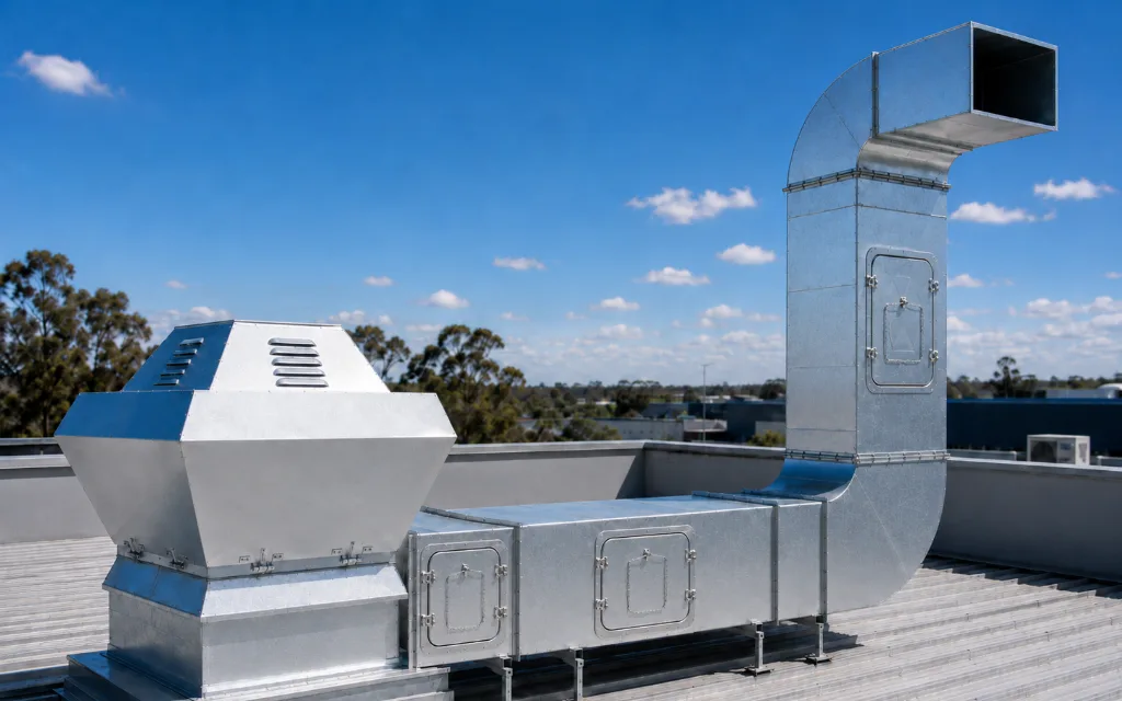 Galvanised rooftop kitchen exhaust fan and ductwork with hinged access panels on a commercial building